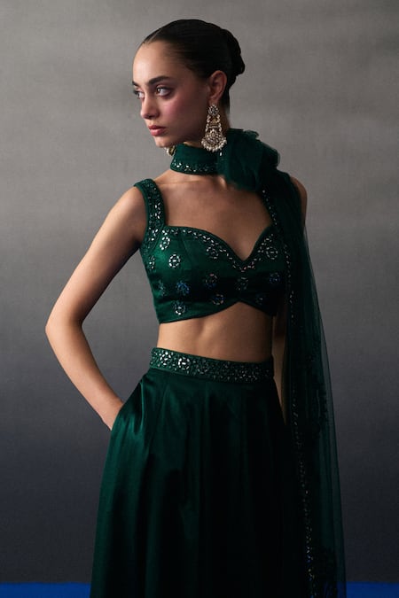 Shop Angad Singh Emerald Green Satin, Silk Sequins, Beads, Embroidery Round Neck Lehenga Set Online at Aza Fashions Shop_Angad Singh_Emerald Green Satin, Silk Sequins, Beads, Embroidery Round Neck Lehenga Set _Online_at_Aza_Fashions