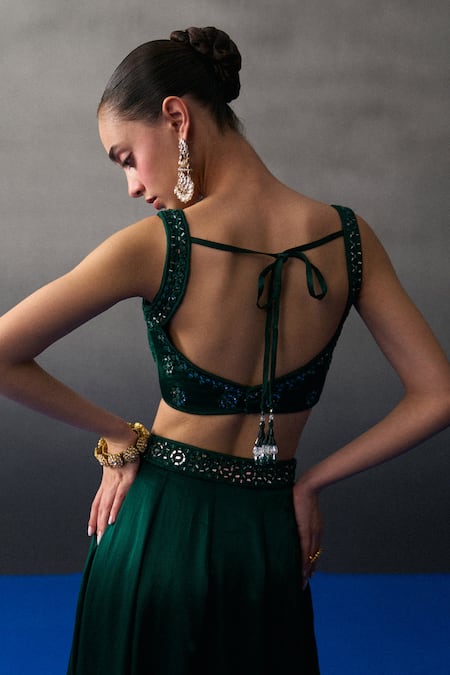 Angad Singh Emerald Green Satin, Silk Sequins, Beads, Embroidery Round Neck Lehenga Set at Aza Fashions Angad Singh_Emerald Green Satin, Silk Sequins, Beads, Embroidery Round Neck Lehenga Set _at_Aza_Fashions