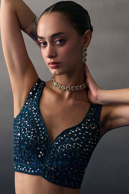 Buy_Angad Singh_Peach Sequins V-neck Peacock Blue Lehenga Set _Online_at_Aza_Fashions