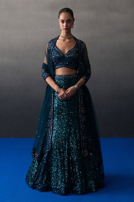 Angad Singh Peach Sequins V-neck Peacock Blue Lehenga Set