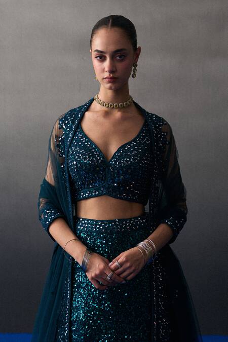 Buy_Angad Singh_Peach Sequins V-neck Peacock Blue Lehenga Set 