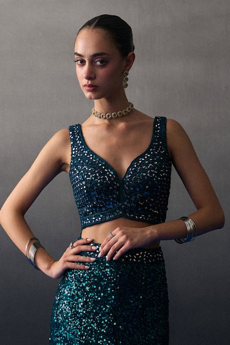 Shop_Angad Singh_Peach Sequins V-neck Peacock Blue Lehenga Set 