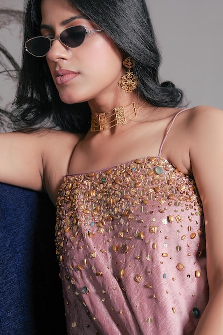 Rirasa_Pink Embroidery, Beads, Sequins Square Neck Hand Tunic And Sharara Set _Online_at_Aza_Fashions