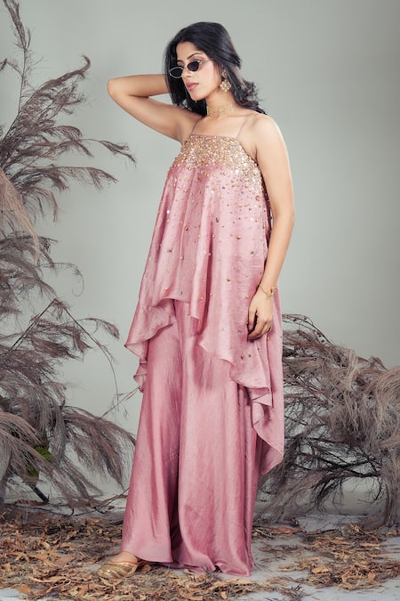 Shop_Rirasa_Pink Embroidery, Beads, Sequins Square Neck Hand Tunic And Sharara Set _Online_at_Aza_Fashions