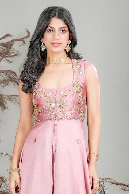 Rirasa_Pink Sequins, Embroidery Round Neck Hand Kurta With Sharara _Online_at_Aza_Fashions