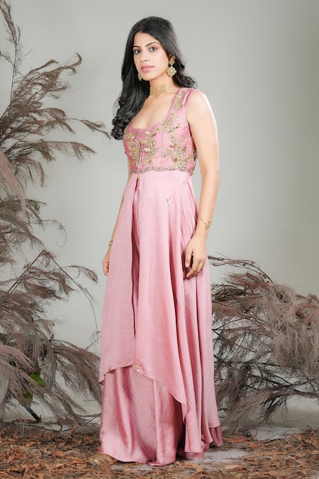 Rirasa_Pink Sequins, Embroidery Round Neck Hand Kurta With Sharara _at_Aza_Fashions