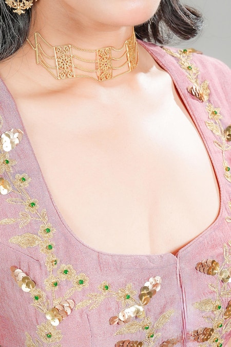 Shop_Rirasa_Pink Sequins, Embroidery Round Neck Hand Kurta With Sharara 