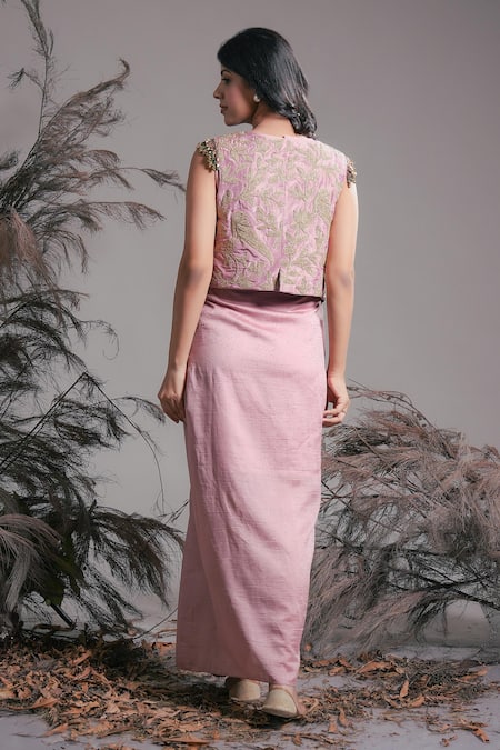 Shop Rirasa Pink Beads V-neck Silk Blend Dress With Jacket at Aza Fashions Shop_Rirasa_Pink Beads V-neck Silk Blend Dress With Jacket _at_Aza_Fashions