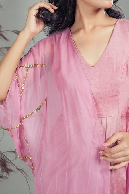 Rirasa_Pink Beads V-, Open Silk Blend Dress And Cape Set _Online_at_Aza_Fashions