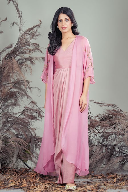 Buy_Rirasa_Pink Beads V-, Open Silk Blend Dress And Cape Set _Online_at_Aza_Fashions