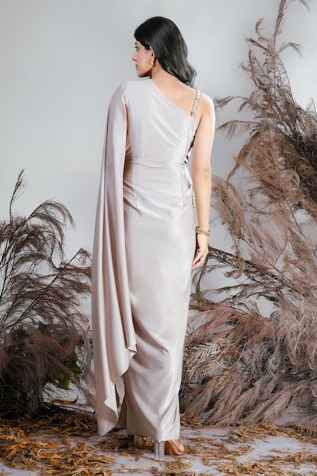 Shop Rirasa Beige Lycra Beads One Shoulder Hand Embroidered Designer Dress at Aza Fashions Shop_Rirasa_Beige Lycra Beads One Shoulder Hand Embroidered Designer Dress _at_Aza_Fashions