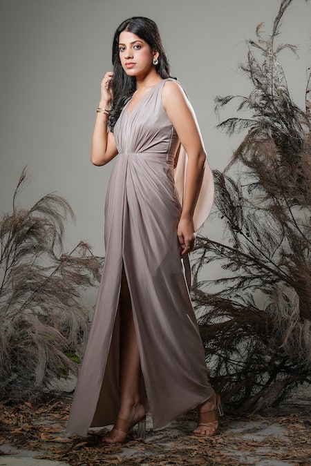 Buy_Rirasa_Beige Lycra Embroidery V-neck Hand Dress _Online_at_Aza_Fashions