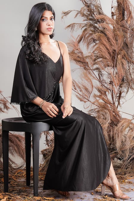 Rirasa Black Lycra Embroidery V-neck Hand Dress Online at Aza Fashions Rirasa_Black Lycra Embroidery V-neck Hand Dress _Online_at_Aza_Fashions