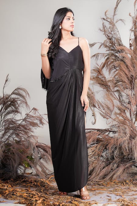 Rirasa Black Lycra Embroidery V-neck Hand Dress 