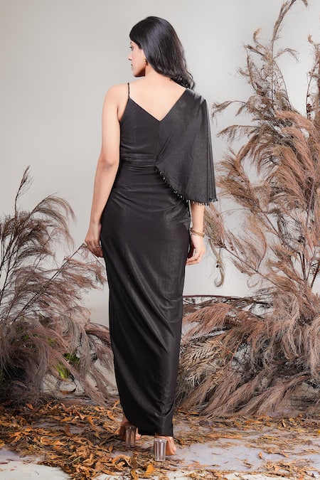 Shop Rirasa Black Lycra Embroidery V-neck Hand Dress at Aza Fashions Shop_Rirasa_Black Lycra Embroidery V-neck Hand Dress _at_Aza_Fashions