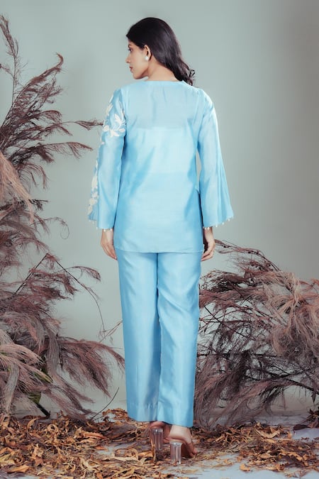 Shop_Rirasa_Sky Blue Embroidery V-neck Hand Tunic Pant Set _at_Aza_Fashions