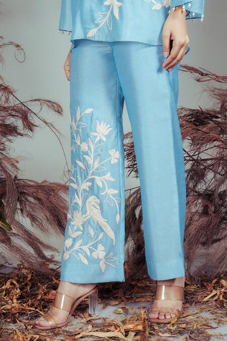 Buy_Rirasa_Sky Blue Embroidery V-neck Hand Tunic Pant Set _Online_at_Aza_Fashions