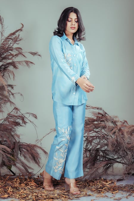 Rirasa Sky Blue Embroidery Collared Hand Shirt With Pant Online at Aza Fashions Rirasa_Sky Blue Embroidery Collared Hand Shirt With Pant _Online_at_Aza_Fashions