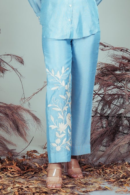 Buy Rirasa Sky Blue Embroidery Collared Hand Shirt With Pant Online at Aza Fashions Buy_Rirasa_Sky Blue Embroidery Collared Hand Shirt With Pant _Online_at_Aza_Fashions