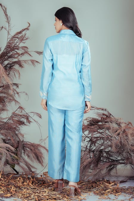 Shop Rirasa Sky Blue Embroidery Collared Hand Shirt With Pant at Aza Fashions Shop_Rirasa_Sky Blue Embroidery Collared Hand Shirt With Pant _at_Aza_Fashions