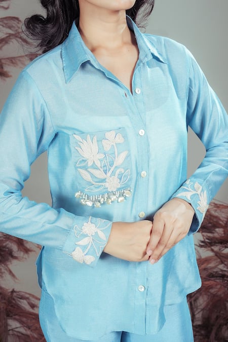 Shop Rirasa Sky Blue Embroidery Collared Hand Shirt With Pant Online at Aza Fashions Shop_Rirasa_Sky Blue Embroidery Collared Hand Shirt With Pant _Online_at_Aza_Fashions