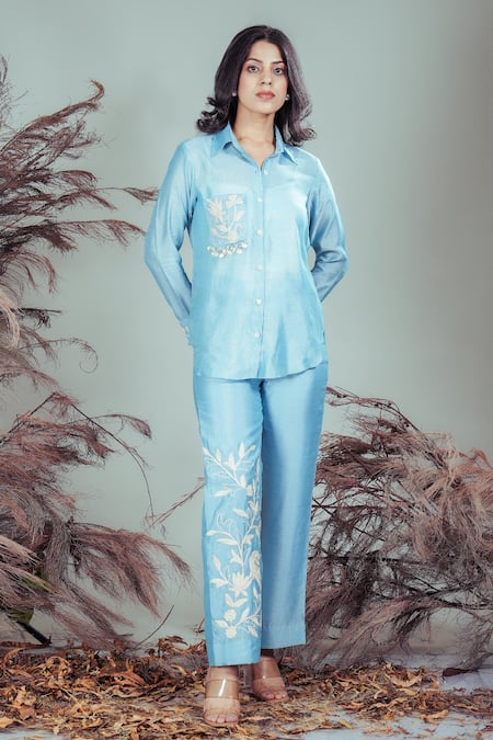 Rirasa Sky Blue Embroidery Collared Hand Shirt With Pant 