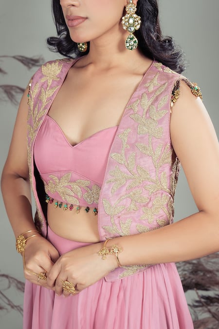 Rirasa_Pink Organza Embroidery, Beads Sweetheart , Open Hand Skirt Set _Online_at_Aza_Fashions