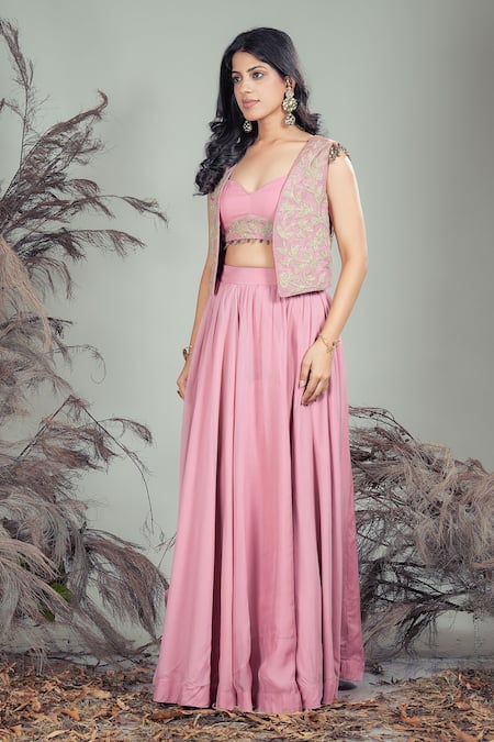 Shop_Rirasa_Pink Organza Embroidery, Beads Sweetheart , Open Hand Skirt Set _Online_at_Aza_Fashions