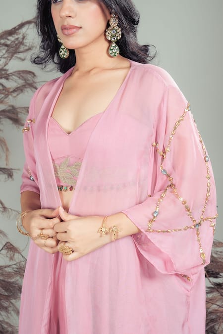 Rirasa Pink Organza Embroidery, Beads, Sequins Plunge , Open Hand Set Online at Aza Fashions Rirasa_Pink Organza Embroidery, Beads, Sequins Plunge , Open Hand Set _Online_at_Aza_Fashions