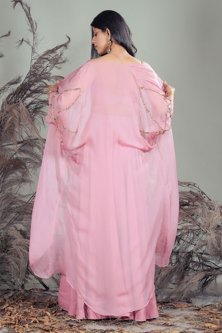 Shop Rirasa Pink Organza Embroidery, Beads, Sequins Plunge , Open Hand Set at Aza Fashions Shop_Rirasa_Pink Organza Embroidery, Beads, Sequins Plunge , Open Hand Set _at_Aza_Fashions