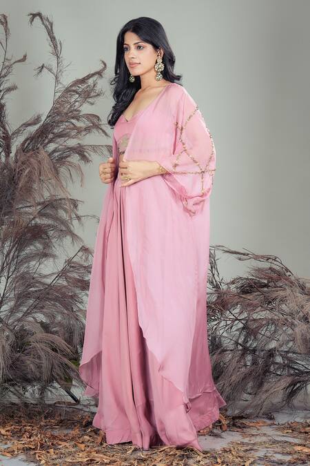 Buy Rirasa Pink Organza Embroidery, Beads, Sequins Plunge , Open Hand Set Online at Aza Fashions Buy_Rirasa_Pink Organza Embroidery, Beads, Sequins Plunge , Open Hand Set _Online_at_Aza_Fashions