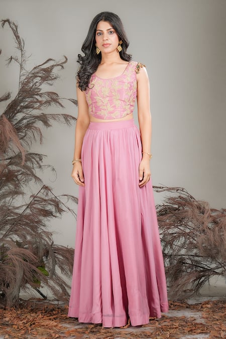 Rirasa Pink Hand Embroidered Top & Skirt Set 