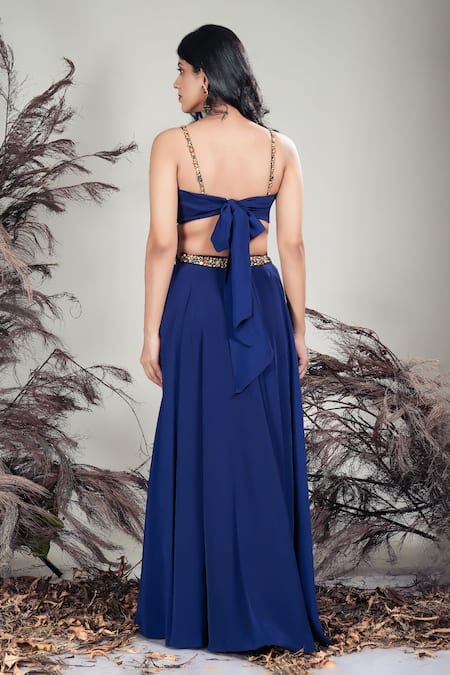 Shop Rirasa Navy Crepe Beads, Embroidery Sweetheart Neck Blue Hand Blouse And Skirt at Aza Fashions Shop_Rirasa_Navy Crepe Beads, Embroidery Sweetheart Neck Blue Hand Blouse And Skirt _at_Aza_Fashions