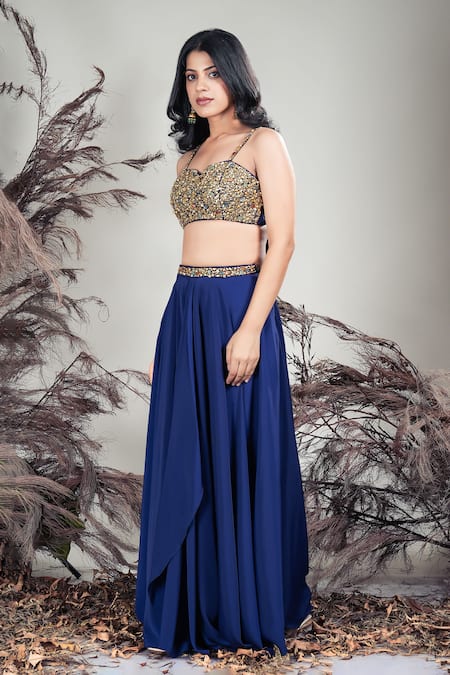 Shop Rirasa Navy Crepe Beads, Embroidery Sweetheart Neck Blue Hand Blouse And Skirt Online at Aza Fashions Shop_Rirasa_Navy Crepe Beads, Embroidery Sweetheart Neck Blue Hand Blouse And Skirt _Online_at_Aza_Fashions