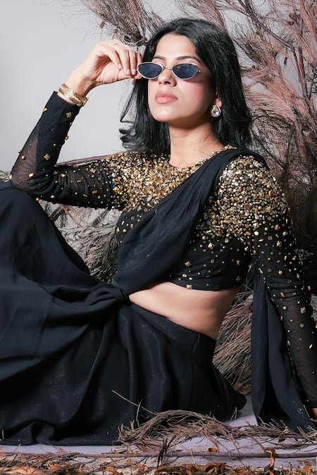Shop_Rirasa_Black Lurex, Crepe Beads, Sequins Round Neck Hand Embroidered Lehenga Saree Set _Online_at_Aza_Fashions