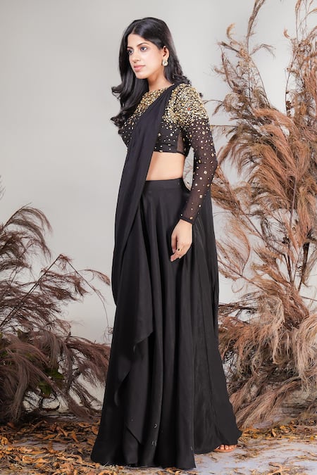 Rirasa_Black Lurex, Crepe Beads, Sequins Round Neck Hand Embroidered Lehenga Saree Set _at_Aza_Fashions
