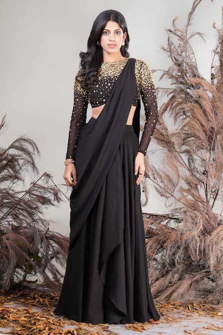 Rirasa Black Lurex, Crepe Beads, Sequins Round Neck Hand Embroidered Lehenga Saree Set 