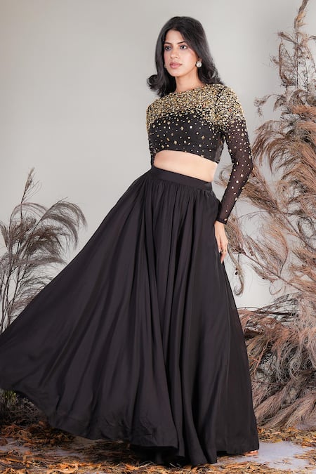 Shop_Rirasa_Black Organza, Net Sequins, Beads Round Neck Hand Embroidered Skirt And Blouse Set _Online_at_Aza_Fashions