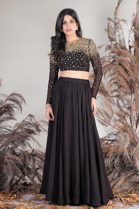 Rirasa Black Organza, Net Sequins, Beads Round Neck Hand Embroidered Skirt And Blouse Set