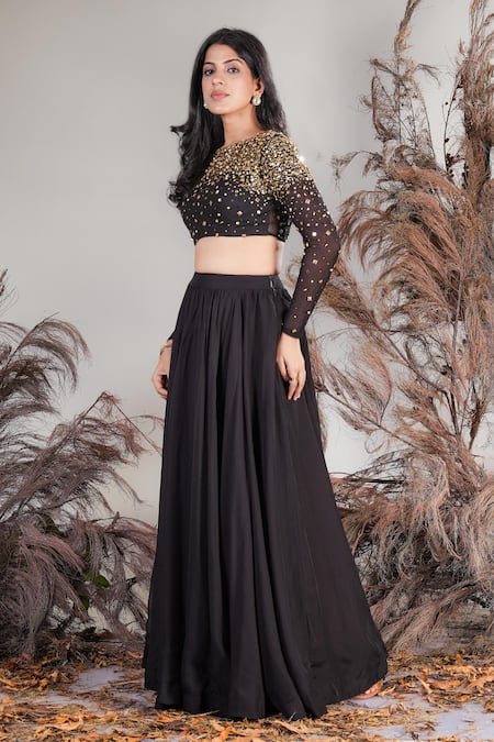 Rirasa_Black Organza, Net Sequins, Beads Round Neck Hand Embroidered Skirt And Blouse Set _at_Aza_Fashions