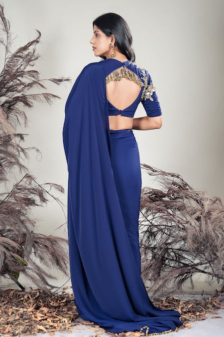 Rirasa Navy Blue Hand Embroidered Saree Set 