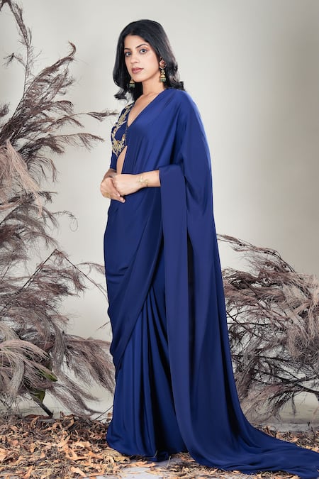 Buy_Rirasa_Navy Crepe Embroidery V-neck Blue Hand Saree Set _Online_at_Aza_Fashions