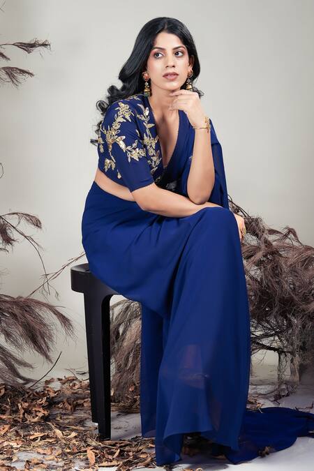 Buy_Rirasa_Navy Crepe, Georgette Beads Blue Hand Embroidered Pre-draped Saree With Blouse _Online_at_Aza_Fashions