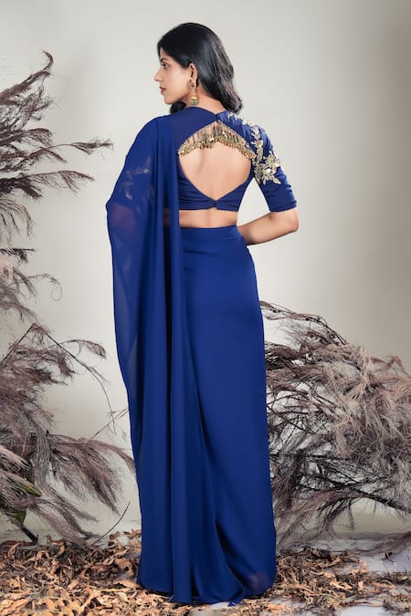 Shop_Rirasa_Navy Crepe, Georgette Beads Blue Hand Embroidered Pre-draped Saree With Blouse _at_Aza_Fashions