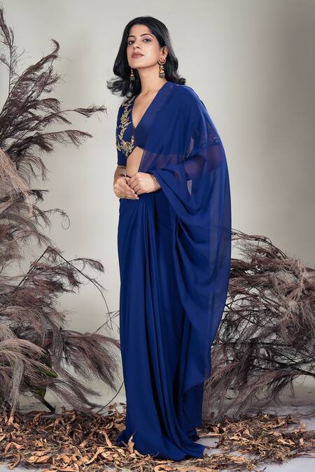Shop_Rirasa_Navy Crepe, Georgette Beads Blue Hand Embroidered Pre-draped Saree With Blouse _Online_at_Aza_Fashions