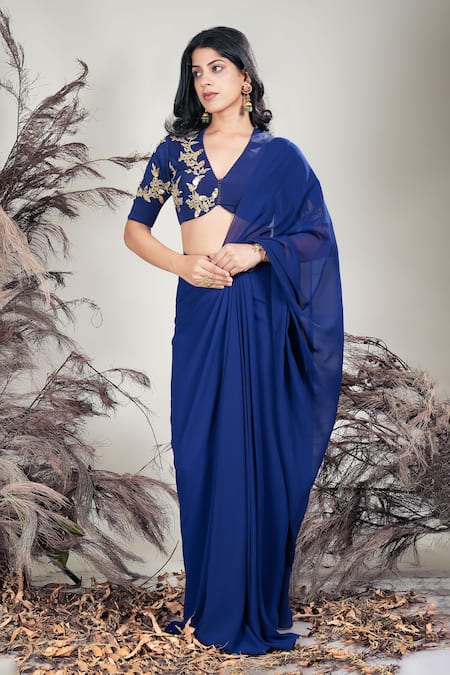Rirasa Navy Crepe, Georgette Beads Blue Hand Embroidered Pre-draped Saree With Blouse 