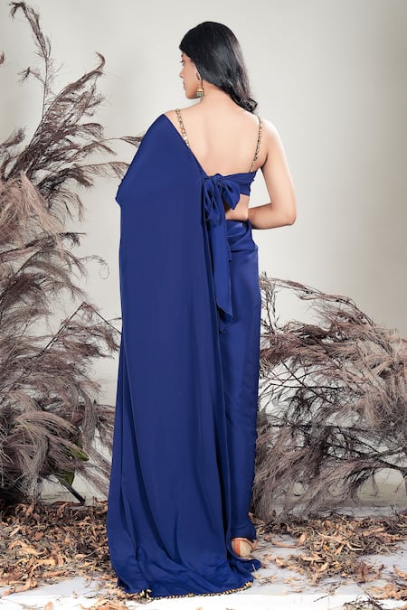 Rirasa Navy Blue Hand Embroidered Pre-Draped Saree With Blouse 