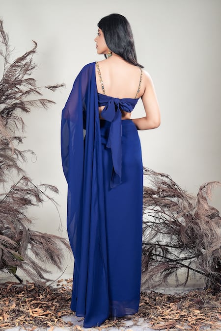 Shop_Rirasa_Navy Crepe, Georgette Beads, Embroidery Blue Hand Pre-draped Saree With Blouse _at_Aza_Fashions