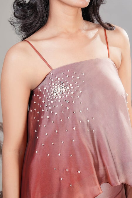 Shop Rirasa Brown Embroidery Ombre High Low Top And Pant Set Online at Aza Fashions Shop_Rirasa_Brown Embroidery Ombre High Low Top And Pant Set _Online_at_Aza_Fashions