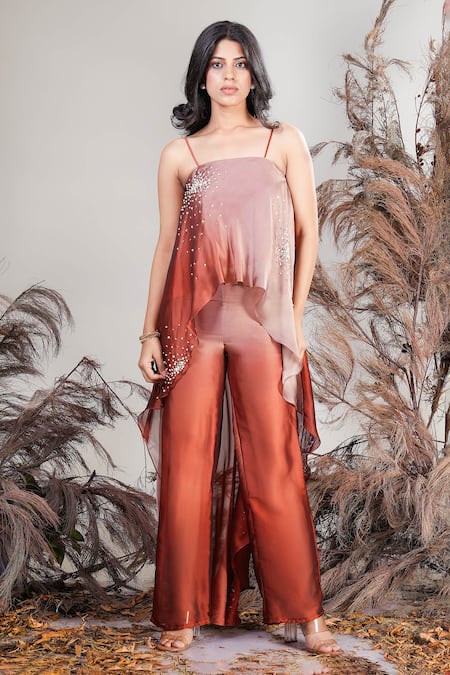 Rirasa Brown Embroidery Ombre High Low Top And Pant Set